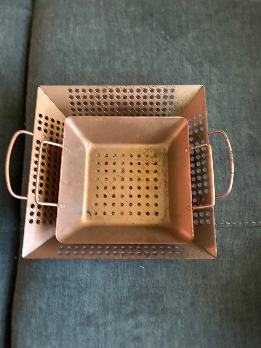 Copper-Colored Perforated Metal Serving Basket with Handles